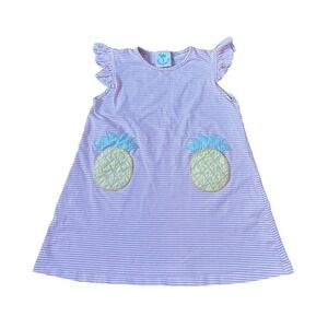 Shrimp & Grits Kids Dress Girls Pink Striped Pineapple Flutter Sleeve SIZE 6